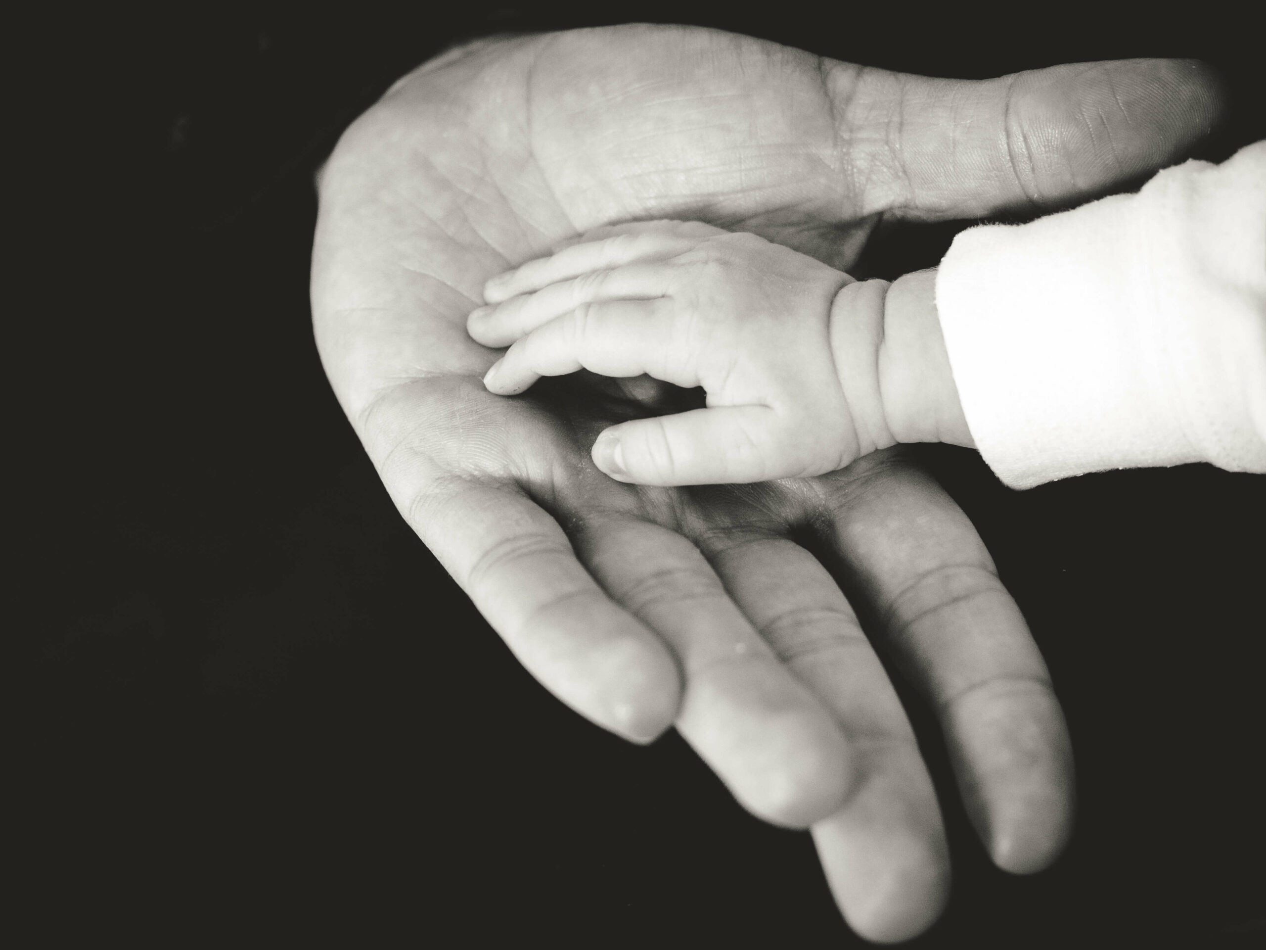 Une main de bébé dans une main d'adulte en noir et blanc